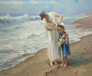 Beachside Diversions inspirational original oil painting of little girl at ocean with loving adult woman adjusting hat by Steve Henderson licensed home decor wall art at amazon.com, art.com, allposters.com, great big canvas and framed canvas art