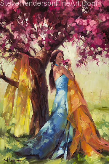 Blossom inspirational original oil painting of young woman by fruit tree on spring day in meadow by Steve Henderson licensed wall art decor prints at framed canvas art, amazon, and vision art galleries