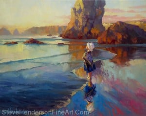 Bold Innocence inspirational original oil painting of little girl standing by ocean beach by Steve Henderson, sold, licensed wall art decor prints at amazon.com, art.com, allposters.com, framed canvas art, icanvas, and great big canvas