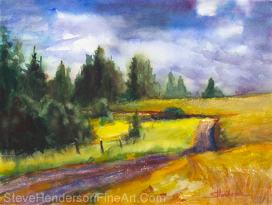 County Roads inspirational original watercolor painting of road going through forested meadow by Steve Henderson