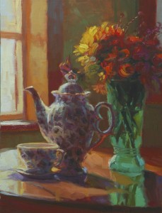 Morning Tea, inspirational original oil painting of ceramic tea pot on dining room table by Steve Henderson