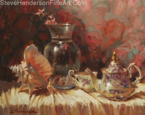 Tea by the Sea inspirational original oil painting of teapot still life with shells and clear glass vase by Steve Henderson