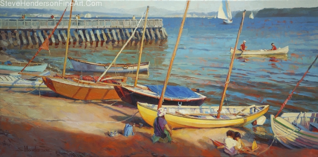 Dory Beach inspirational original oil painting of small dory boats on beach by puget sound by Steve Henderson