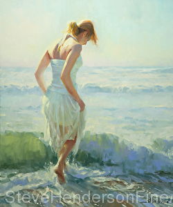 Gathering Thoughts inspirational original oil painting of woman in dress walking in ocean beach surf by Steve Henderson licensed wall art decor prints at great big canvas, icanvas, framed canvas art, amazon.com, allposters.com, and art.com