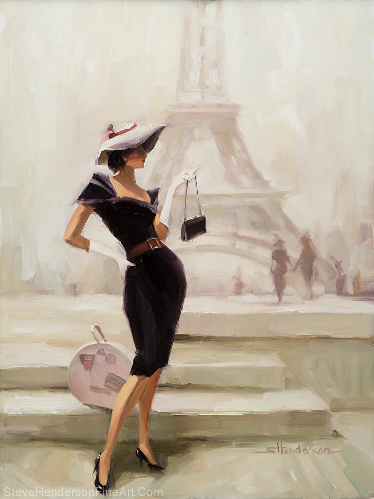 Love, from Paris, inspirational original oil painting of vogue woman in paris france with eiffel tower by Steve Henderson