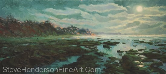 Low Tide at Moonlight inspirational original oil painting of ocean beach at night by Steve Henderson