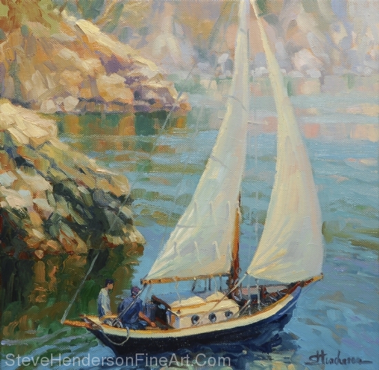 Saturday inspirational original oil painting of sailboat in bay by Steve Henderson