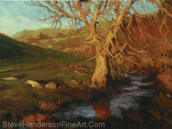 Close of Day inspirational original oil painting of autumn tree by stream by Steve Henderson