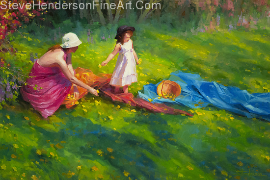 Dandelions inspirational original oil painting of little girl and mother in green grass meadow with flowers by Steve Henderson licensed open edition wall art home decor at Great Big Canvas, iCanvas, Framed Canvas Art, Vision Art Galleries, Art.com, Amazon.com, and AllPosters.com