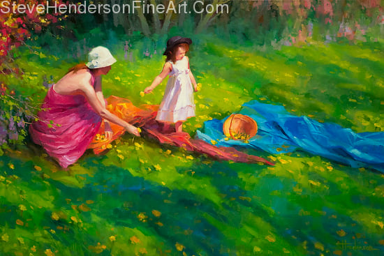 Dandelions inspirational original oil painting of little girl and mother in green grass meadow with flowers by Steve Henderson licensed open edition wall art home decor at Great Big Canvas, iCanvas, Framed Canvas Art, Vision Art Galleries, Art.com, Amazon.com, and AllPosters.com