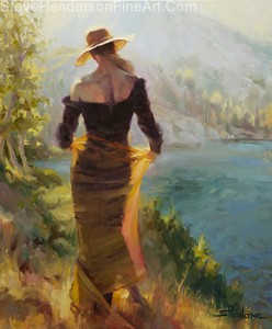 Lady of the Lake inspirational original oil painting of woman in golden scarf and skirt at alpine lake by Steve Henderson licensed wall art home decor at Framed Canvas Art, iCanvas, Amazon.com, Art.com, AllPosters.com, and Great Big Canvas