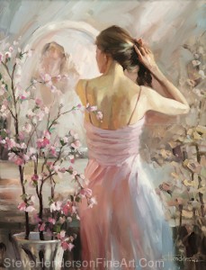 The Evening Ahead inspirational original oil painting of woman putting on jewelry and earrings for a night out by Steve Henderson