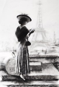 The Traveler inspirational original charcoal drawing of young woman with had and guide book outside of Eiffel Tower in Paris France by Steve Henderson