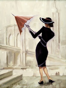 Hello New York inspirational original oil painting of vogue nostalgia girl with umbrella by Steve Henderson