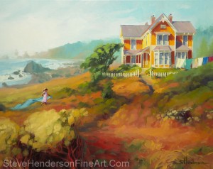 Wild Child inspirational original oil painting of little girl by Victorian coastal house by the see by Steve Henderson licensed wall art home decor at Great Big Canvas, icanvas, Framed Canvas Art. AllPosters.com, Amazon.com, and Art.com