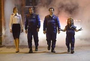 The team-(from left to right) Violet (Michelle Monaghan), Brenner (Adam Sandler), Ludlow (Josh Gad), and Eddie (Peter Dinklage) who are going to save the world from pixilated video game characters. Image sourced via google images (Flickr). 