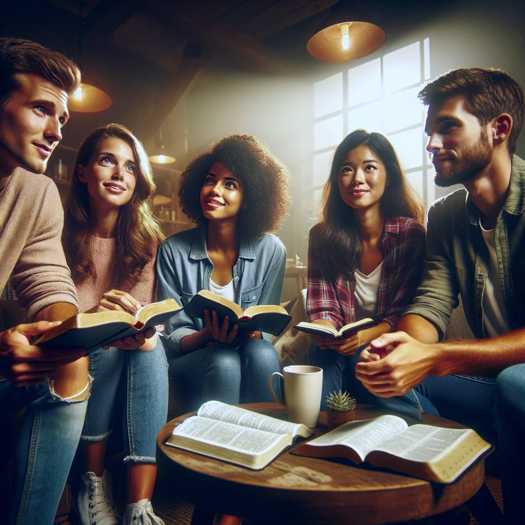 An AI image of 5 Millennials in a bible study group created in Dall*E for Beliefnet.