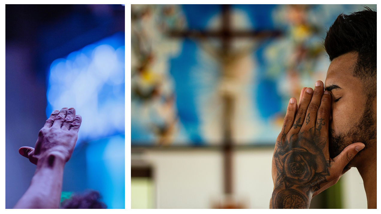 Two pictures of church worship--hand raised in a modern setting on left and a man praying in a traditional church on the right