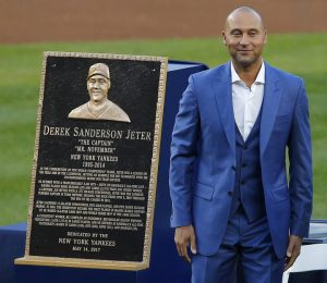 NEW YORK, NY - MAY 14: Former New York Yankees great, Derek Jeter stands by his plaque during a pregame ceremony honoring Jeter and retiring his number 2 at Yankee Stadium on May 14, 2017 in New York City. (Photo by Rich Schultz/Getty Images)