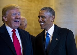 U.S. President Donald J. Trump and Former U.S. President Barack Obama wait to exit the east front steps for the departure ceremony during the 58th Presidential Inauguration in Washington, D.C., Jan. 20, 2017. More than 5,000 military members from across all branches of the armed forces of the United States, including reserve and National Guard components, provided ceremonial support and Defense Support of Civil Authorities during the inaugural period. (DoD photo by U.S. Air Force Staff Sgt. Marianique Santos)