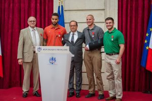 French President François Hollande poses with the four men who thwarted a terrorist attack on a French train during a Legion of Honor ceremony at the Élysée in Paris Aug. 24, 2015. Stone was on vacation with his childhood friends, Aleksander Skarlatos and Anthony Sadler, when an armed gunman entered their train carrying an assault rifle, a handgun and a box cutter. The three friends, with the help of a British passenger, subdued the gunman after his rifle jammed. Stone’s medical training prepared him to begin treating wounded passengers while waiting for the authorities to arrive. Stone is an ambulatnce service technician with the 65th Medical Operations Squadron stationed at Lajes Field, Azores. (U.S. Air Force photo/Tech. Sgt. Ryan Crane)